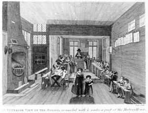 Et indvendigt syn på skolen udgivet af R. Wilkinson fra 125 Fenchurch St., London, 1822 af English School